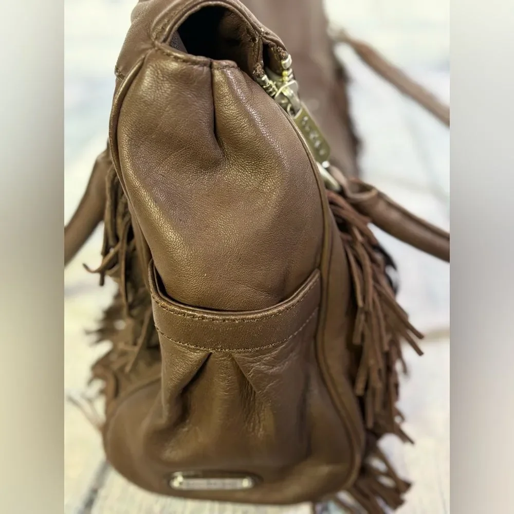VINTAGE Botkier Chocolate Leather Morgan Boho Fringed Rocker Y2K Satchel Purse